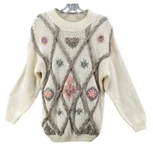 VTG Huntington Ridge‎ Sweater Womens M Hand Knit Cream Textured Floral Applique